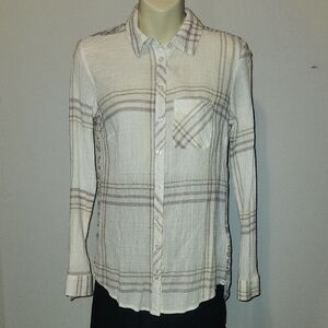 Maurices Women's Thin White and Brown Plaid Button-Up Shirt XS